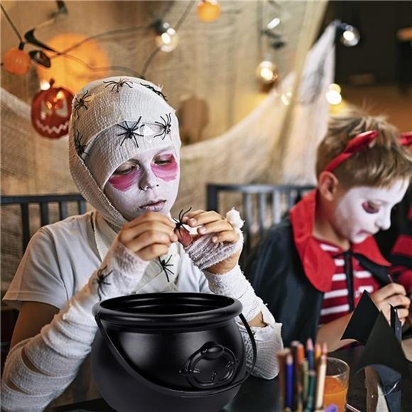 Halloween Large Cauldron, 7.4" Black Plastic Witch Pot with Handle, Vintage - Picture 5 of 7